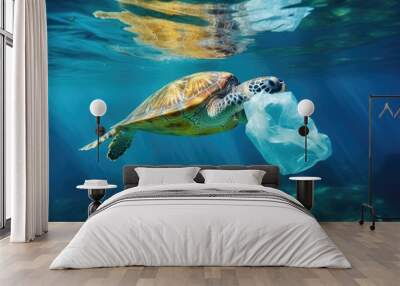 Plastic pollution in ocean problem. Sea Turtle eats plastic bag,A turtle trapped in a plastic bag in the ocean. Wall mural