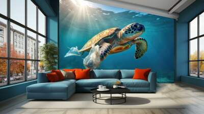 Plastic pollution in ocean problem. Sea Turtle eats plastic bag,A turtle trapped in a plastic bag in the ocean. Wall mural