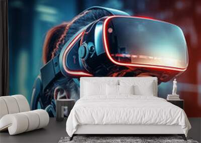 technology intelligence woman wearing VR glasses virtual global world connection ,Ai Generative Wall mural