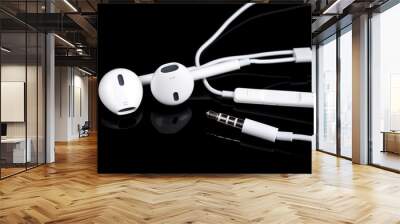 white mobile earphones on black background,headphones Wall mural