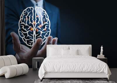 Businessman holding digital image of brain . Wall mural