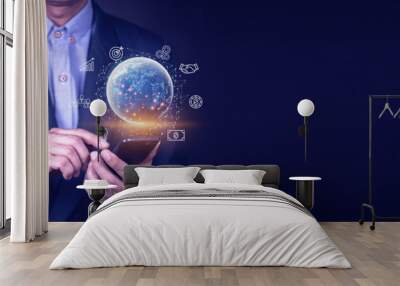 Businessman using mobile smart phone. Business global internet connection application technology and digital marketing, Financial and banking, Digital link tech, big data. Wall mural