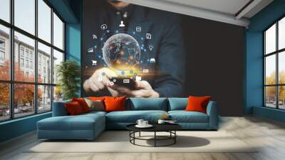 Businessmen use Internet connection technology and digital marketing. Wall mural