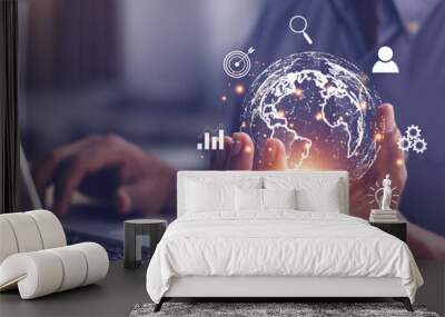 Man  holding virtual Global Internet connection metaverse. Business global internet connection application technology and digital marketing, Financial and banking, Digital link tech, big data. Wall mural