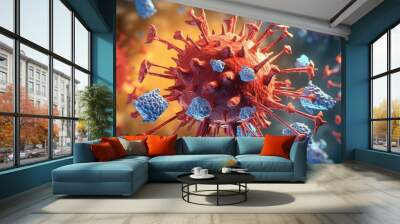 Antibody and viral infection colony structure, Antibodies attacking virus cell into the bloodstream. immune defense of body. Coronavirus covid-19 flu disease, medical science. generative ai. Wall mural