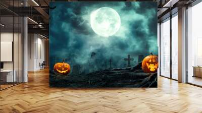 Pumpkin zombie Rising Out Of A Graveyard cemetery and church In Spooky scary dark Night full moon bats on tree. Holiday event halloween banner background concept. Wall mural