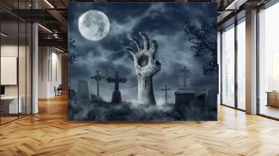 Zombie Hand Rising Out Of A Graveyard In Spooky Night Wall mural