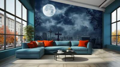 Zombie Rising Out Of A Graveyard cemetery In Spooky dark Night full moon. Holiday event halloween background concept. Wall mural