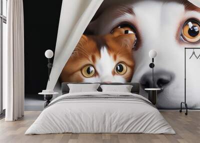 Cats and dogs peek under the blankets. mammal background 2 cute pets
. generative ai Wall mural