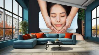 Face massage. Close-up of young woman getting spa massage treatment at beauty spa salon. Spa skin and body care. Facial beauty treatment, Cosmetology.  Wall mural