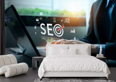 business people use SEO tools, Unlocking online potential. Boost visibility, attract organic traffic, and dominate search engine rankings with strategic optimization techniques. digital marketing Wall mural