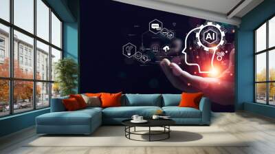 Businessman touching the brain working of Artificial Intelligence (AI) Automation, Predictive analytics, Customer service AI-powered chatbot, analyze customer data, business and technology Wall mural