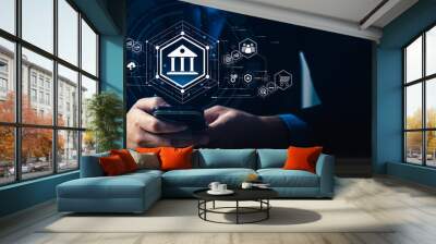 Businessman using mobile online banking and payments, digital marketing. Financial and banking networking. Customer network connection and online shopping icons cyber security, business technology Wall mural