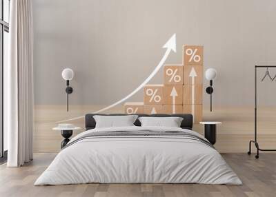 Interest rate financial and mortgage rates concept. Wooden blocks with Icon percentage symbol and arrow pointing up. company business growth and sales, interest rate, tax, real estate Wall mural