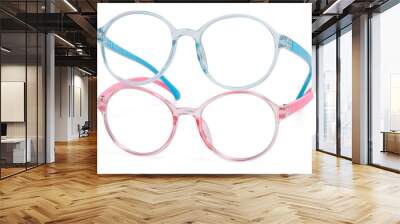 optical kid pink and blue frame eyeglasses on white background. Wall mural