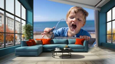 blond boy 3 years old drinks water from a water fountain on the beach in summer Wall mural