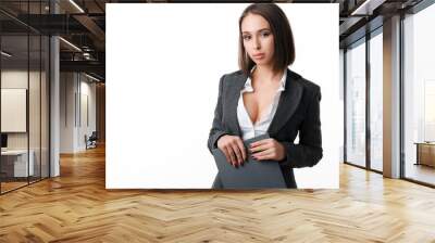 sexy business woman in a jacket on a naked body on a white background Wall mural