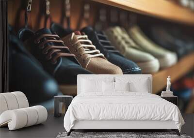 A close-up of a shoe rack with a variety of styles, showcasing details like laces and textures, against a soft, neutral background. Wall mural