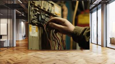 A close-up shot of hands connecting new electrical wires to an old circuit breaker, with caution labels in the background. Wall mural