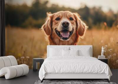 A dog with a bright red bandana around its neck, wagging its tail and looking at the camera excitedly. Wall mural