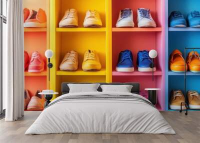 A shoe rack with various styles for a family, including kids' shoes and adult footwear, set against a backdrop of cheerful colors. 23b85a1d34e7 Wall mural