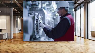 A technician testing equipment inside a power plant, focused on ensuring optimal performance and safety in energy operations. Wall mural