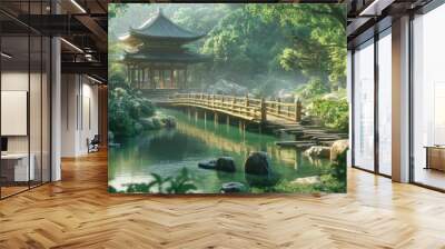 A traditional pagoda located near a serene river, with wooden bridges and stepping stones leading to its entrance, creating a harmonious connection with nature. Wall mural