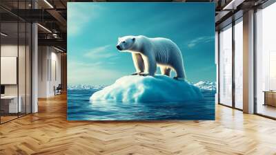 A majestic polar bear standing on a small iceberg surrounded by the vast, icy ocean under a partly cloudy sky, representing wildlife and climate change. Wall mural