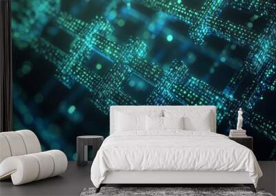 Abstract digital network structure showcasing interconnected data points in vibrant blue and green hues. Wall mural