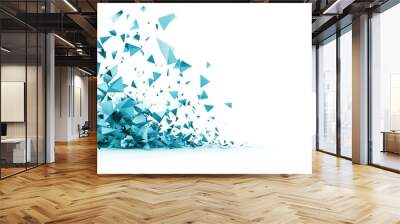 Abstract geometric background with blue triangles breaking apart on a white backdrop. Modern tech style and digital creativity concept. Wall mural