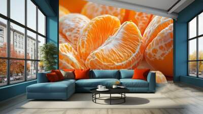 Close-up view of fresh peeled mandarins and whole mandarins. Bright juicy citrus fruit perfect for healthy snacks and vitamin-rich diets. Wall mural