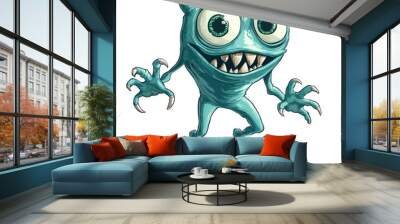 Cute cartoon monster with big eyes, sharp teeth, and claws standing on two legs. Fun and friendly character perfect for kids' projects. Wall mural