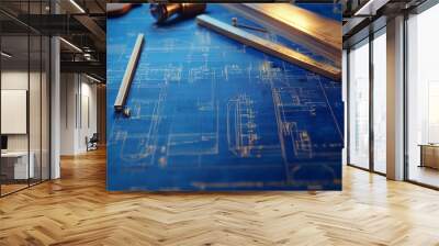 Detailed architectural blueprint with drawing tools on a work surface, focusing on design and planning elements. Wall mural