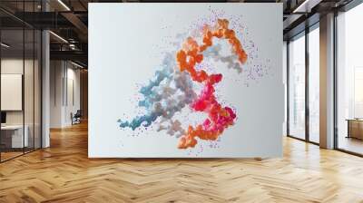 Dynamic explosion of colorful particles forming vibrant abstract shapes on a white background, showcasing movement and energy. Wall mural