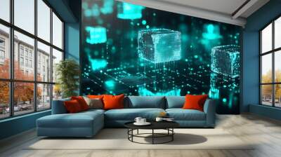 Futuristic digital design featuring glowing cubes and data streams, perfect for technology and innovation themes. Wall mural