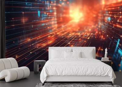 Futuristic technology background with glowing lines and digital elements, representing data transfer and connectivity in a high-tech environment. Wall mural