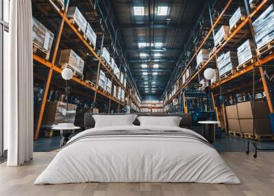 Modern warehouse with neatly stacked shelves, boxes, and a forklift in industrial storage facility Wall mural