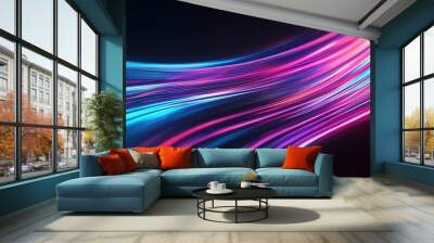 Vibrant abstract light trails with neon colors on a dark background, creating a dynamic and futuristic visual effect. Wall mural