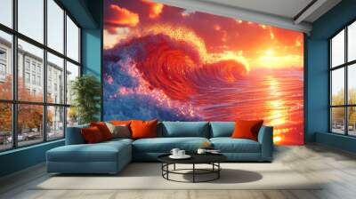 A beautiful ocean wave at sunset with orange sky. Wall mural