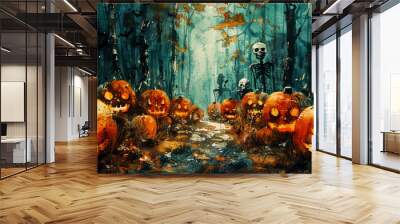 Halloween background with pumpkins, ghosts and bats. Wall mural