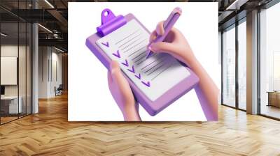 3D icon of hands holding a pen and writing on a clipboard with a check list on white background. Wall mural