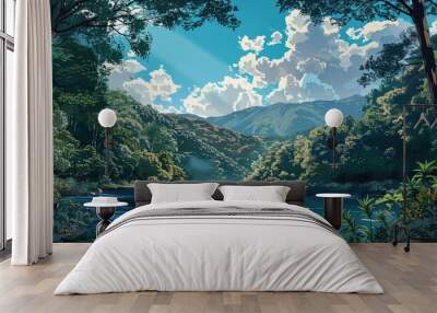 A beautiful landscape painting of a lake in the mountains Wall mural