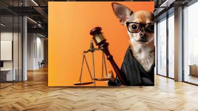 A Chihuahua dog wearing a black suit and glasses is sitting on a brown background. The dog is holding a gavel in its mouth and there is a balance scale beside it. Wall mural