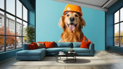 A golden retriever dog wearing an orange hard hat and a yellow reflective vest is looking at the camera with a happy expression on its face. Wall mural