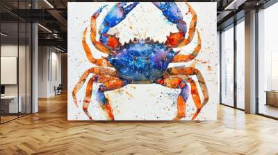 A watercolor painting of a blue crab with orange claws. Wall mural