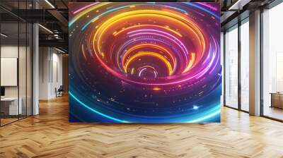 Abstract colorful glowing neon circles swirling into a vortex. Wall mural