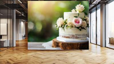 Beautiful rustic wedding cake with copy space. Wall mural