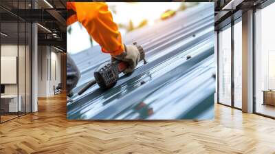 Construction worker wearing safety harness belt during working on roof structure of building on construction site. Wall mural