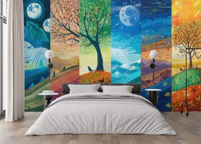 Designs side by side that represent the stages of the day. Dawn, Day, Evening, Sunset, Night. Each design is created in colourful whimsical gouache art style. Wall mural