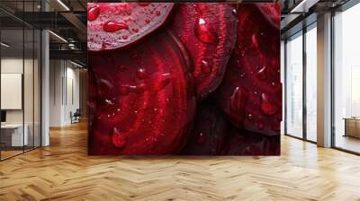 Fresh beetroot slices close up with water drops. Wall mural